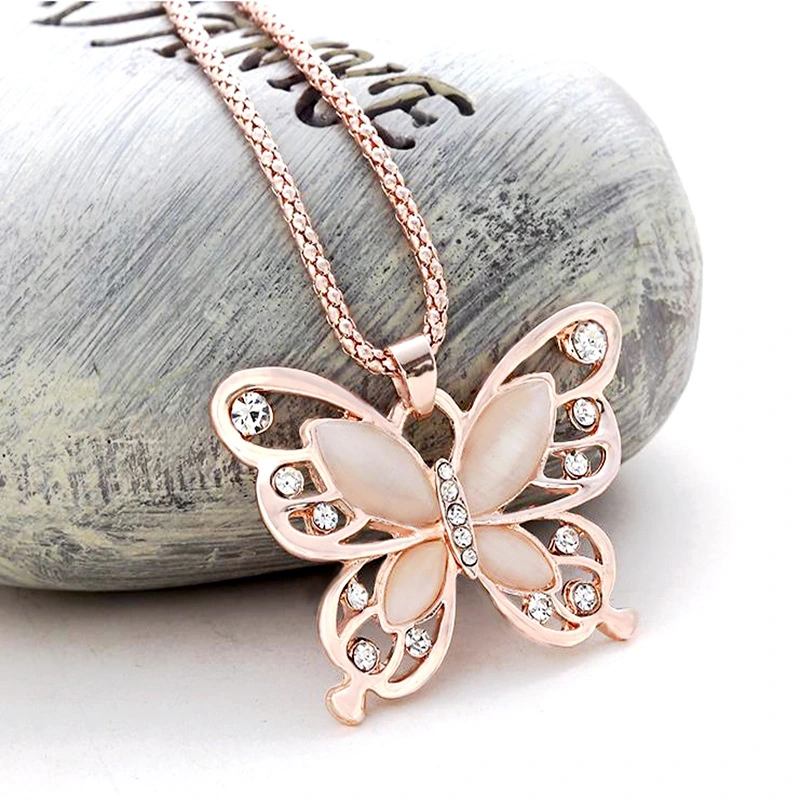Rose Gold Long Sweater Chain Butterfly pendant Necklace