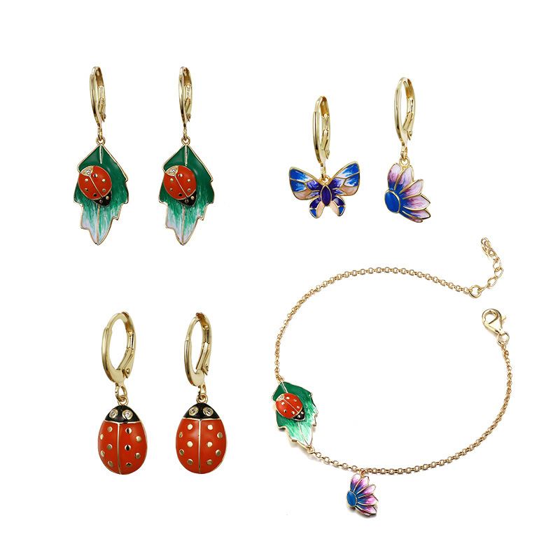 925 Silver Bee and Flower Earring and Necklace Animal Enamel Jewelry Sets for Ladies