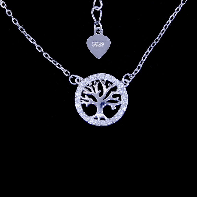 925 Silver Cubic Zirconia Round Tree Pendant Necklace for Unisex Gender