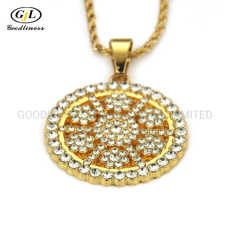 Hip Hop Jewelry Diamond Sunflower 18K Gold Plated Pendant Necklace