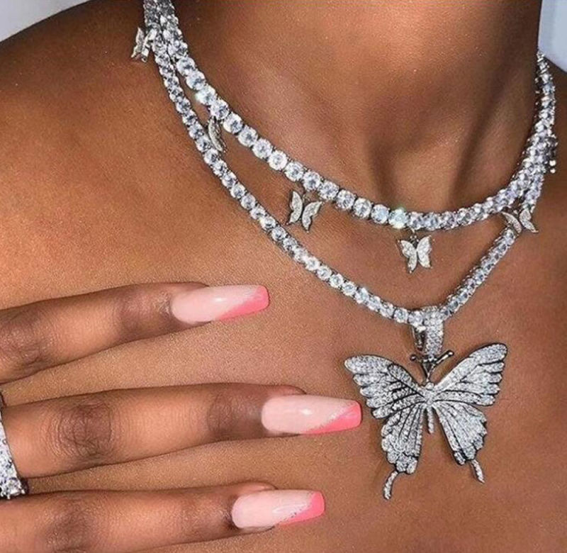 Fine Jewelry Women Men Diamond Cuban Link Chain Tennis Butterfly Necklace