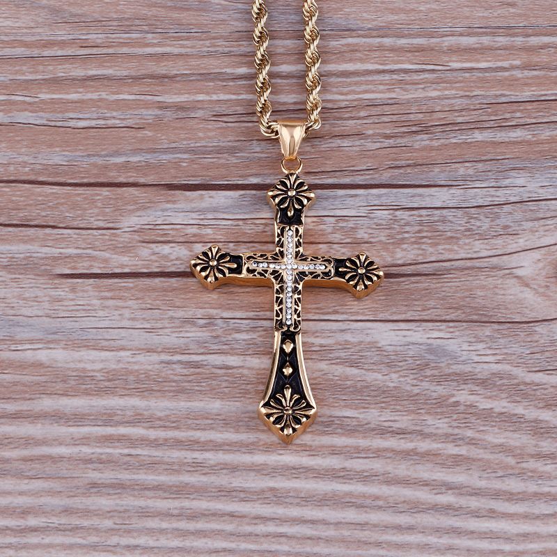 Gold Plated Stainless Steel Flower Cross Rope Necklace