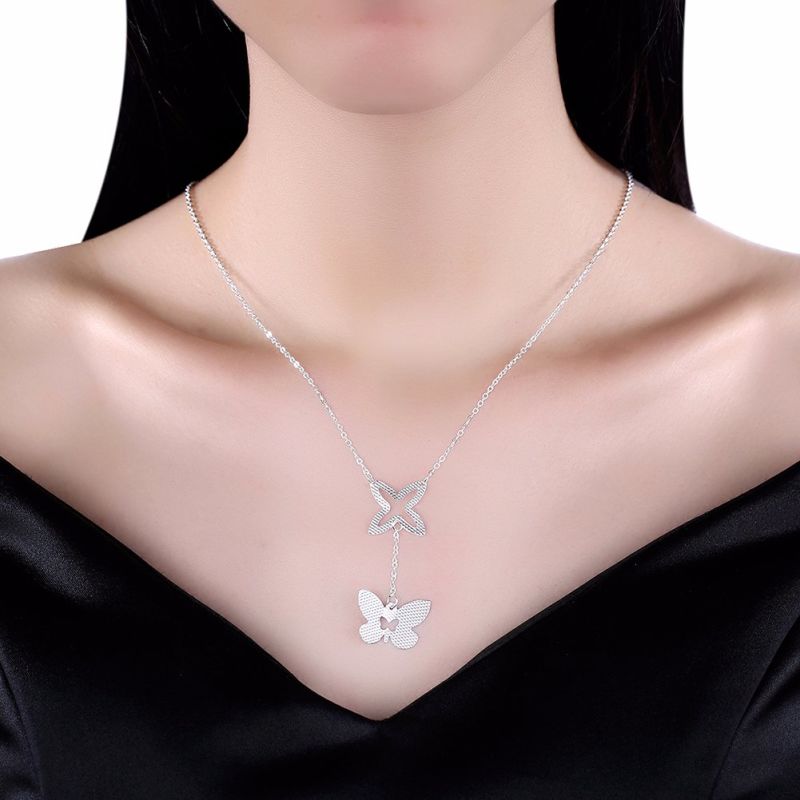 Butterfly Shape Pendant Women Silver Necklace