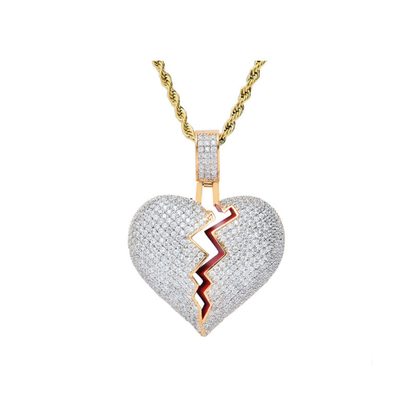 New Broken Heart Pendant Necklace Gold Silver Color Zirconia Hip Hop Necklace with Rope Chain for Men Jewelry