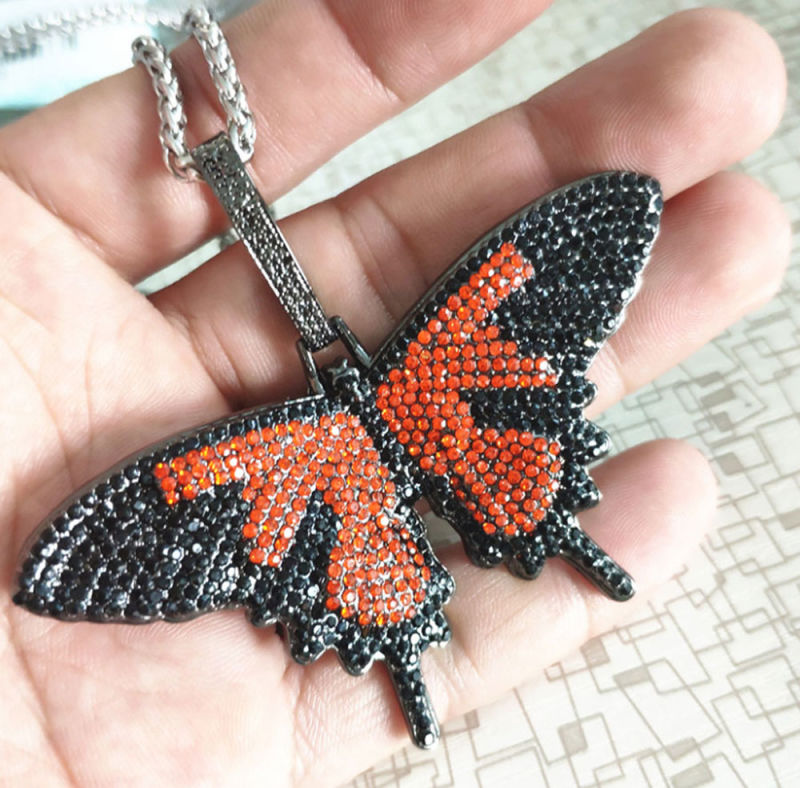 Hiphop Big Pendant Necklace Copper Zircon Butterfly Necklace for Women