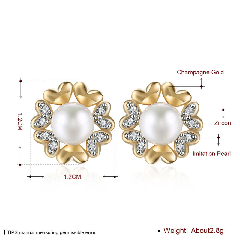 Zircon Women Earrings Imitation Pearl Zircon Earrings Champagne Gold Plated Flower Shape Earrings