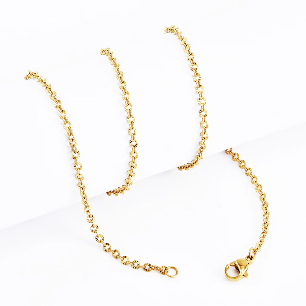 Hot Sell Stainless Steel Cable Chain Necklace with Flower Embossed Gold Plated Finished Chain Making