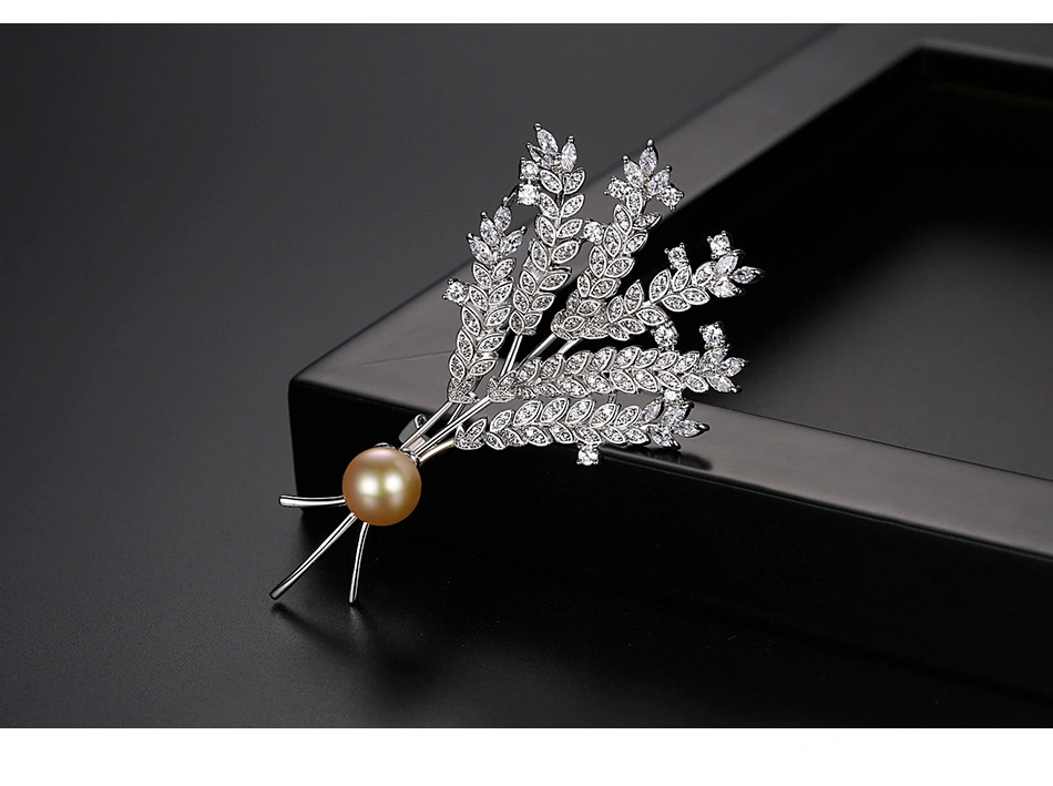 18K Gold Plated Wheat Ears CZ Freshwater Pearl Brass Brooch