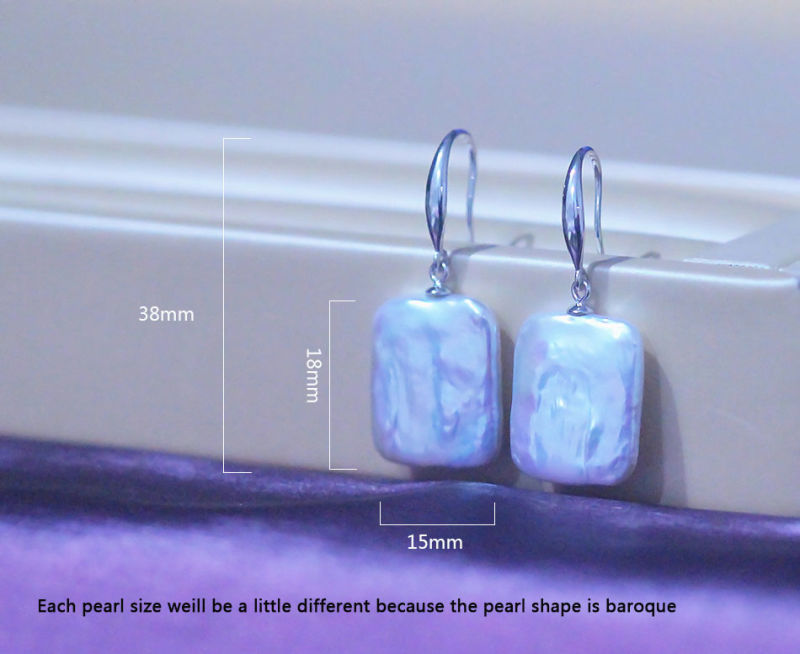 Sterling Silver Square Baroque Genuine Natural Cultured Freshwater Pearl Drop Earrings