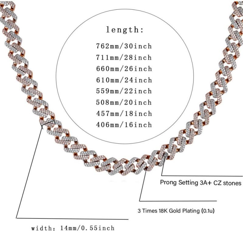 14mm Miami Prong Set Cuban Chains Necklace for Men Gold Silver Color Hip Hop Iced out Paved Bling CZ Rapper Necklace Jewelry