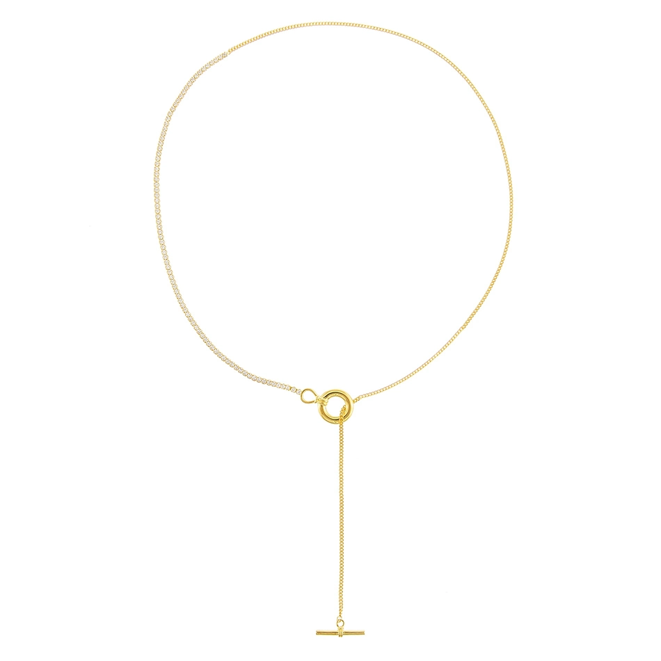 18K Gold Plated Classic Necklace 925 Sterling Silver CZ X Cuban Chain Toggle Lariat Necklace