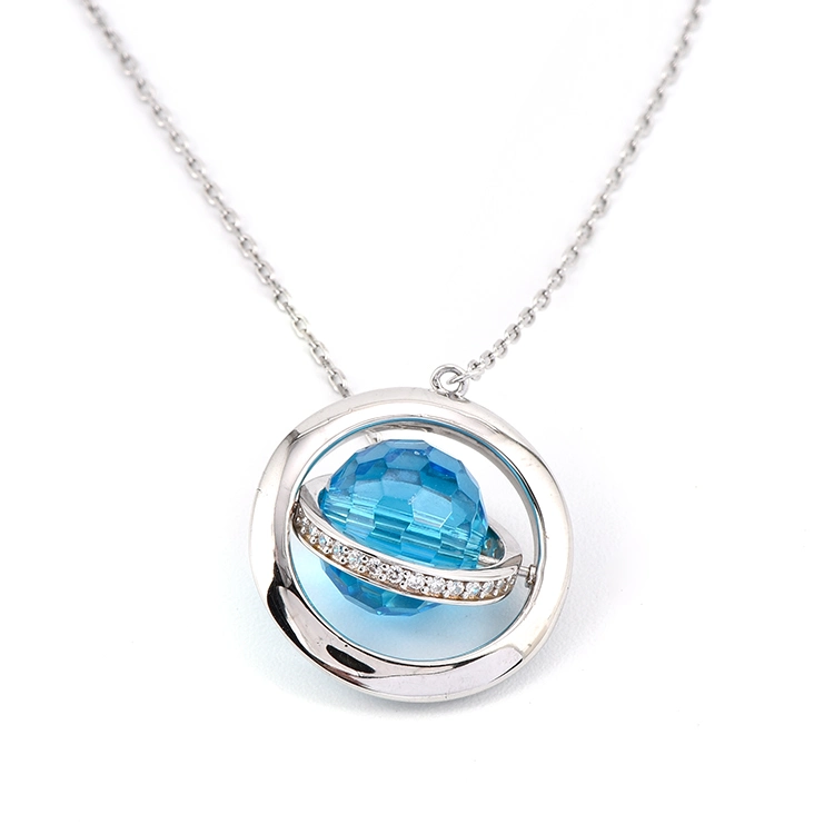 Keiyue New Design Rotate Blue Round Stone 925 Sterling Silver Jewelry Women Necklace