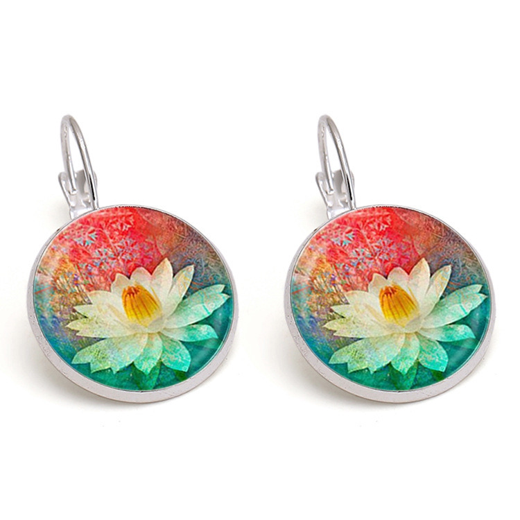Lotus Mandala Fashion Earrings Jewelry Vintage Yoga Glass Cabochon Earring Symbol Buddhism Earrings