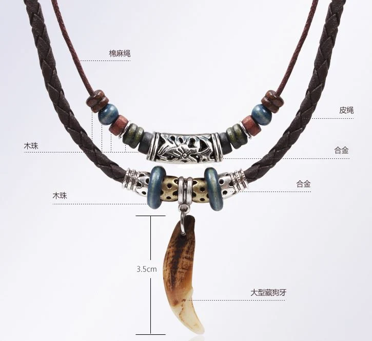 Adjustable Bohemian Stainless Steel Wolf Tooth Pendant Leather Necklace for Men