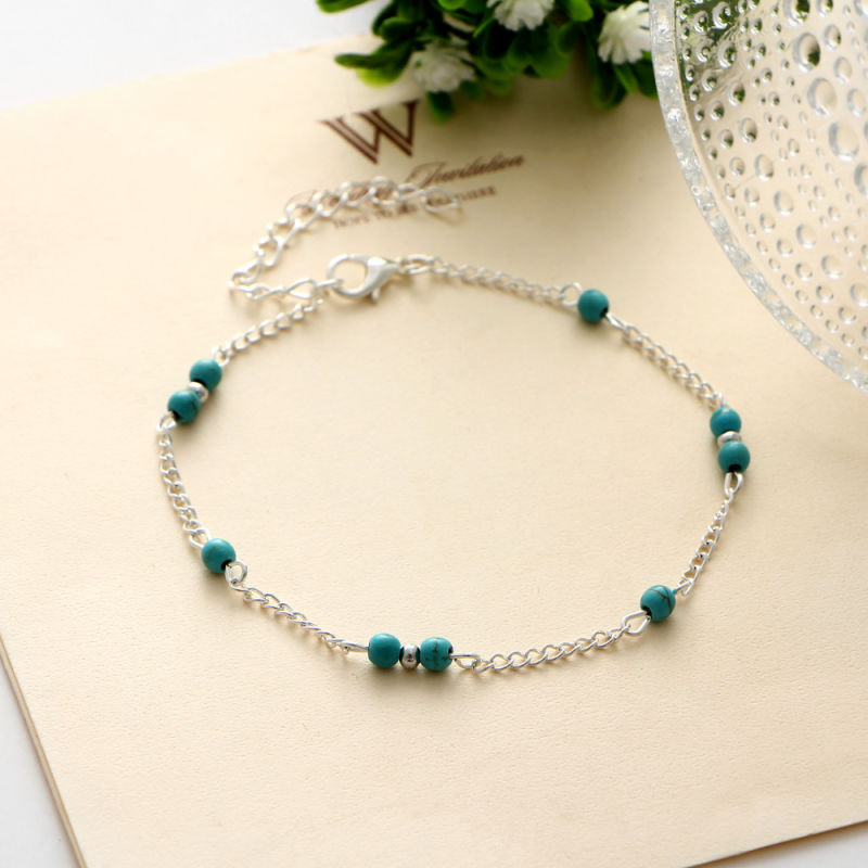 Simple Design Turquoise Beads Silver Chain Anklet for Summer Promotion
