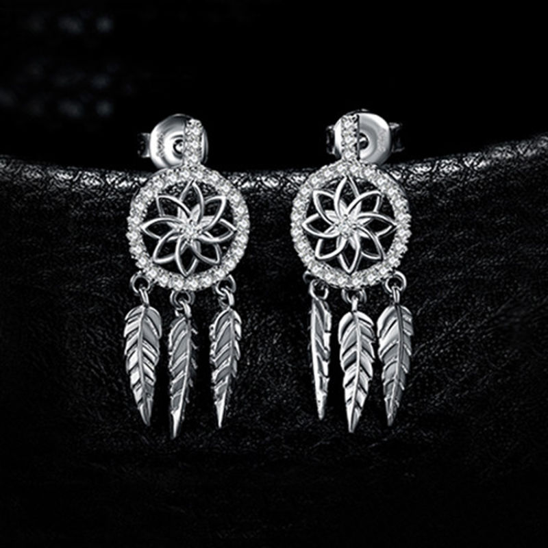 925 Sterling Silver Earrings Feather Dreamcatcher Dream Catcher Earrings Dangle Earrings CZ