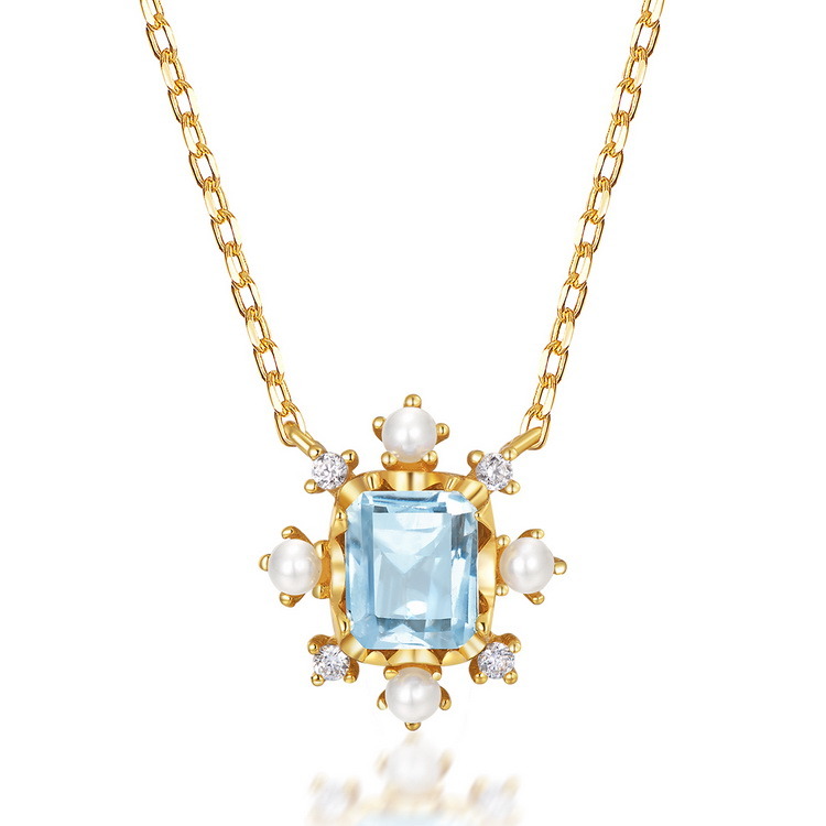 Wholesale Custom Sky Blue Topaz Necklace Jewelry Trendy Gold Plating Necklace with Zircon Pendant