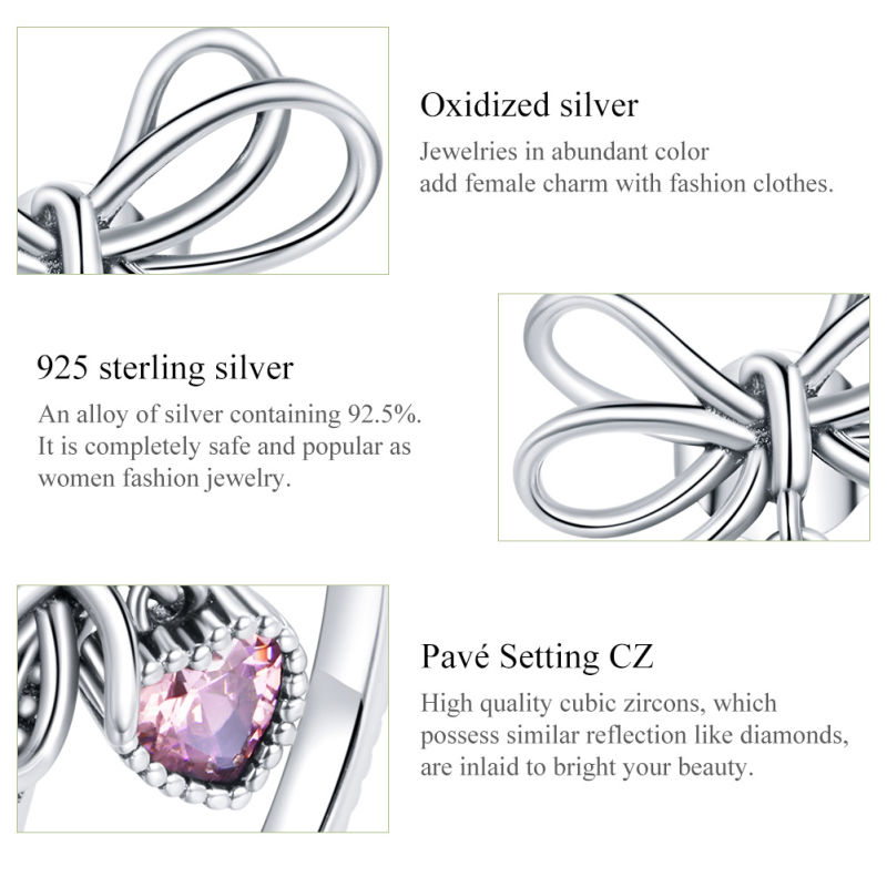 Fashion Bow Love Heart CZ S925 Silver Drop Earring