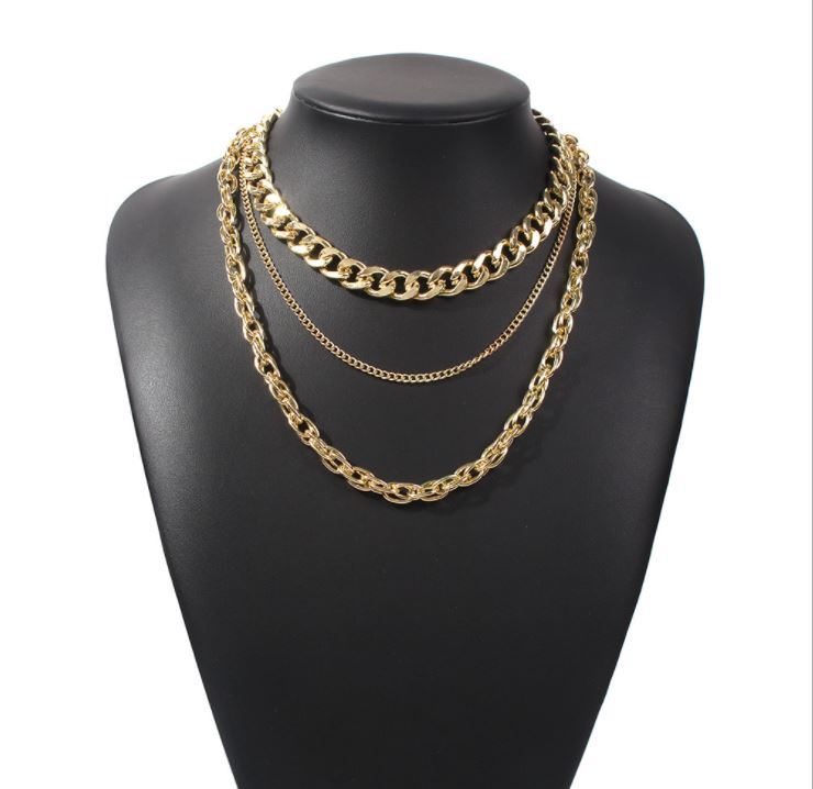 Punk Hip Hop Multi Layer Gold Alloy Chain Necklace Set Cuban Link Necklace for Women