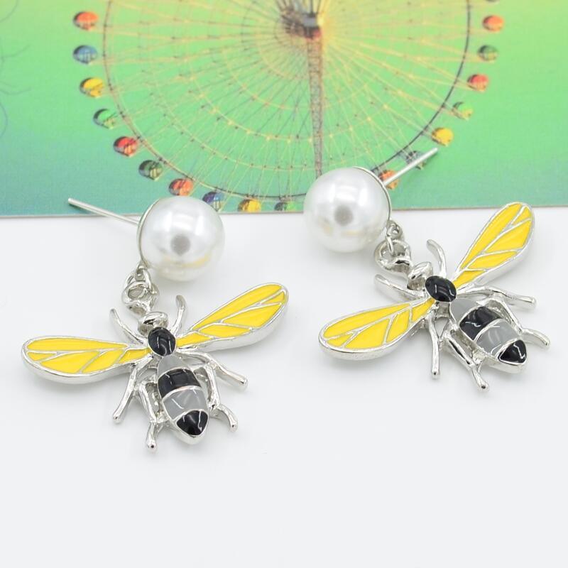 Custom Fashion Jewelry for Women Gold Bee Shaped Enamel Korean with Pearl Earrings
