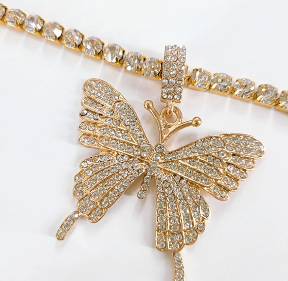 Mens Women Hip Hop Tennis Chain Necklace Pendant Jewelry Shiny Rhinestone CZ Butterfly Necklace