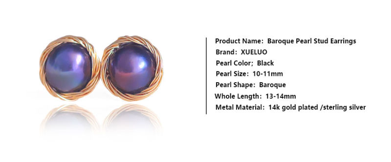 Xueluo Fashion Jewelry 100% Handwork Black Baroque Genuine Cultured Freshwater Pearl Stud Earrings