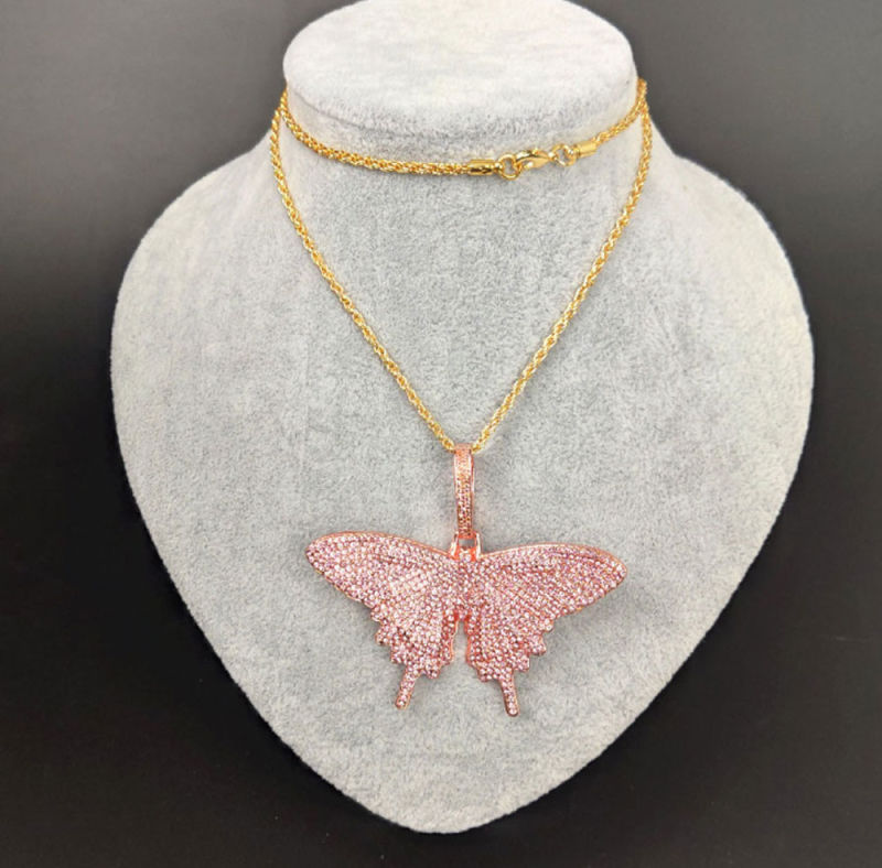 Hiphop Big Pendant Necklace Copper Zircon Butterfly Necklace for Women