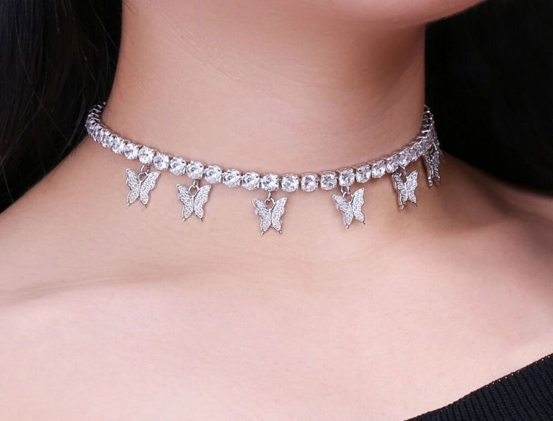 Wholesale Women Stainless Steel Silver Rose Gold Plated Crystal CZ Butterfly Tennis Choker Jewelry Charm Butterfly Necklace