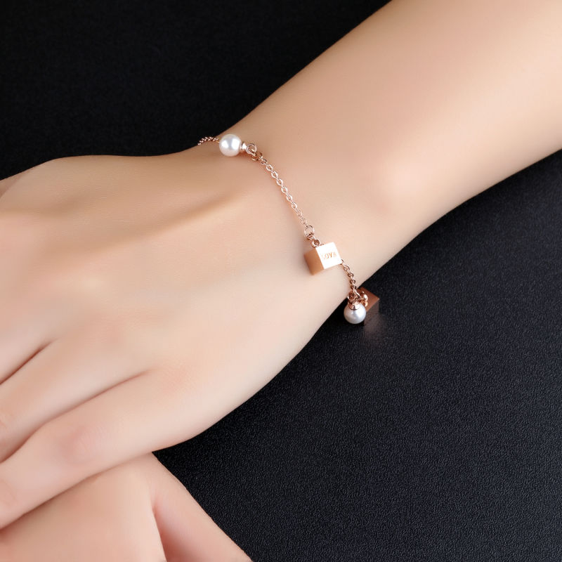 Fashion Pearl Cube Adjustable Pearl Stainless Steel Women Bracelet