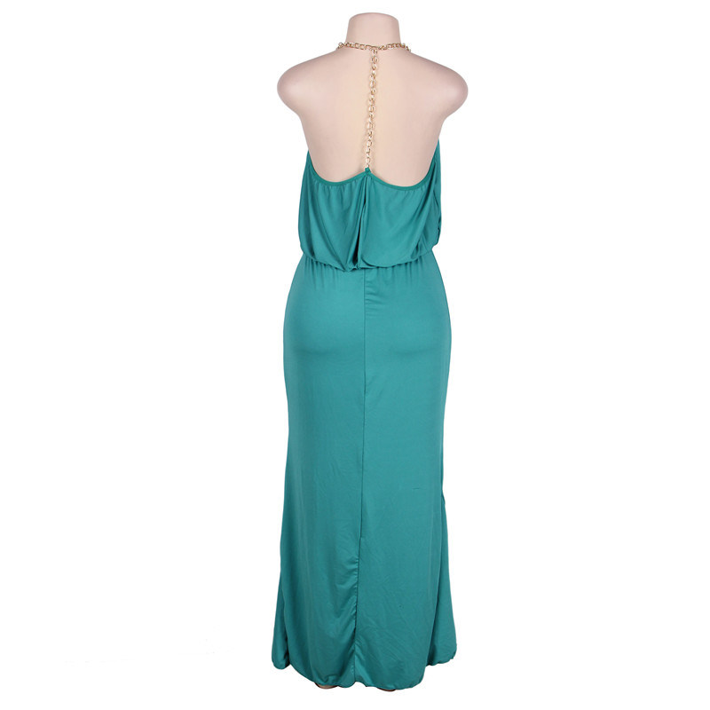 in Stock Gold Chain Halter Green Maxi Dress with T Back
