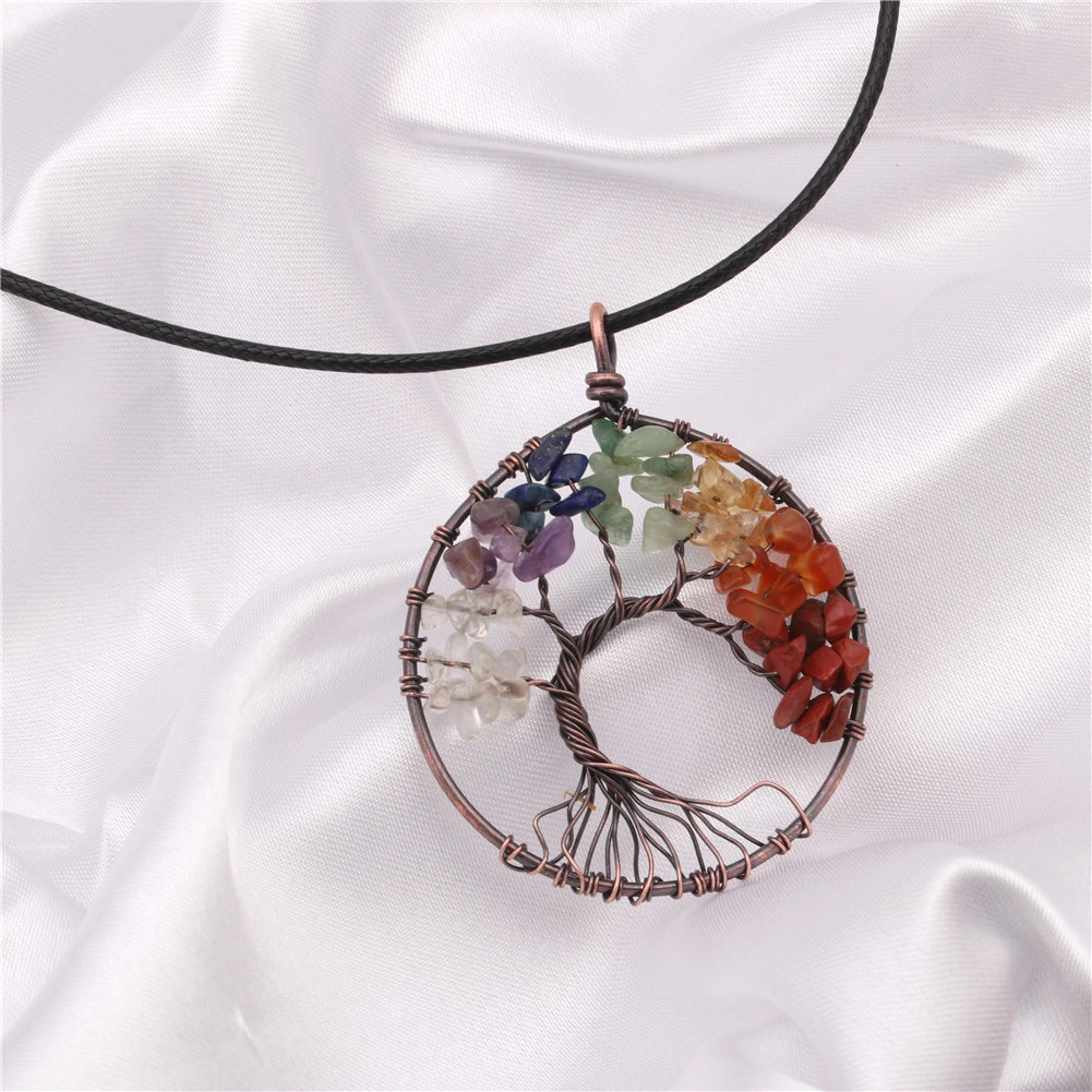 Colorful Natural Crushed Stone Tree of Life 7 Chakra Gemstone Necklace
