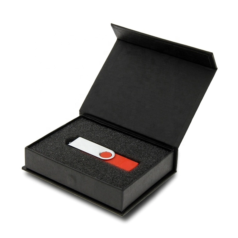 Luxury Custom Printed Folding Black Paper Clamshell Box for USB Flash Drive Gift Packaging