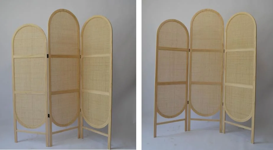 Woven Rattan Room Divider with 3 Panel Wooden Folding Screen