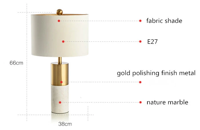 Post-Modern Luxury White Marble Desk Table Lamp Light with Fabric Shade for Living Room, Bedroom