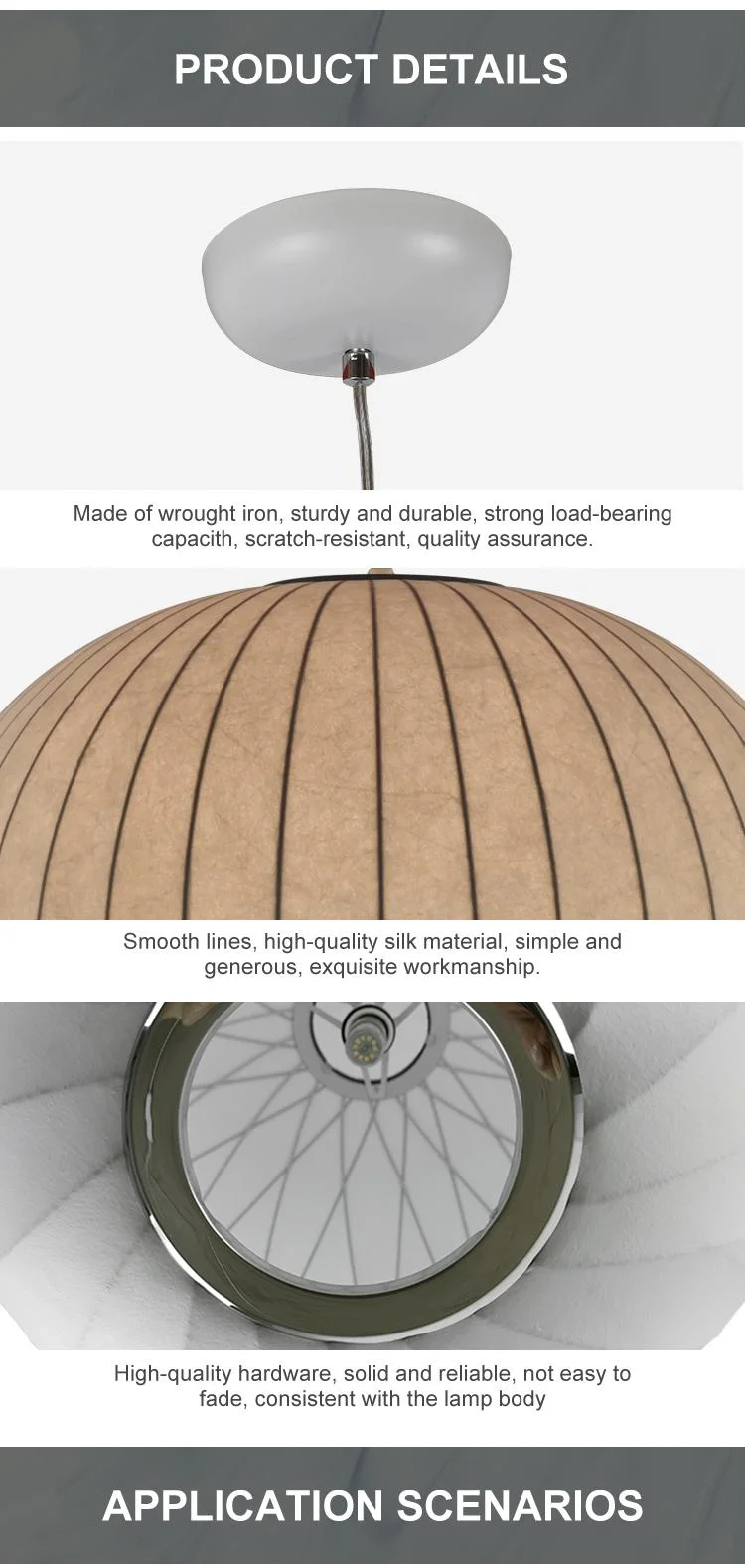 Traditional Indoor Home Kitchen Decor Silk Shade Hanging Lamp Round Pendant Light