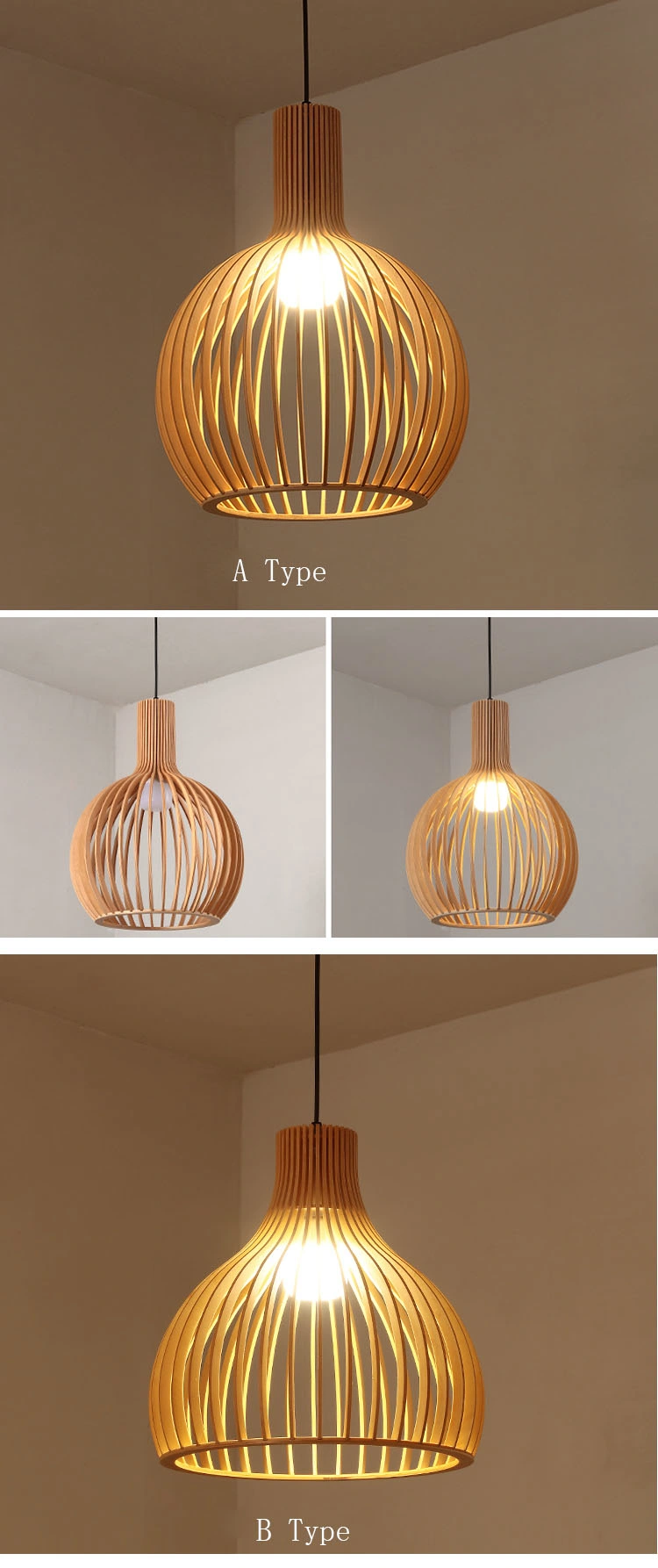 Bamboo Wood Cage Pendant Lamp Modern Home Decorative Lighting Black Braided Nordic Light for E27 Bulb