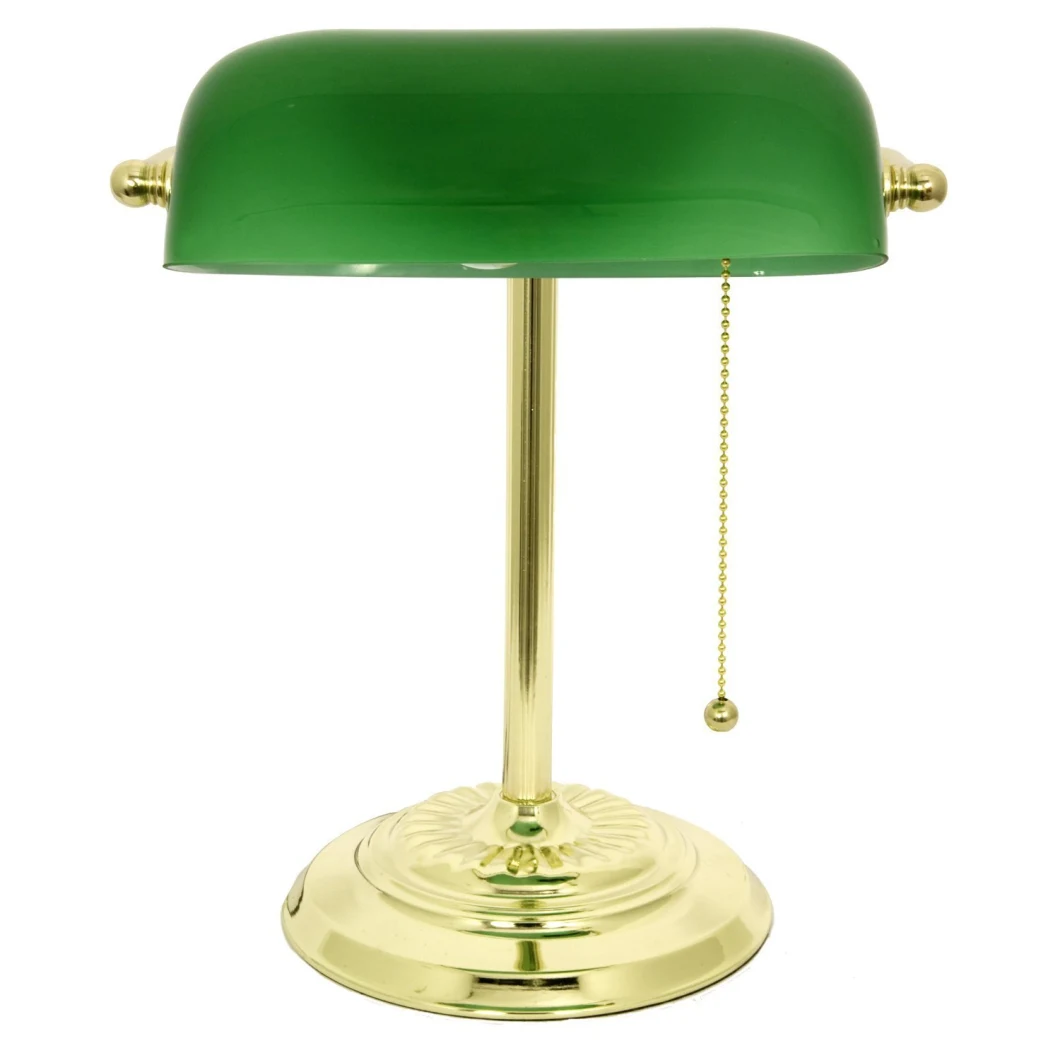 M-1096b Antique Accent Polished Brass Banker Desk Table Lamp with Green Glass Shade