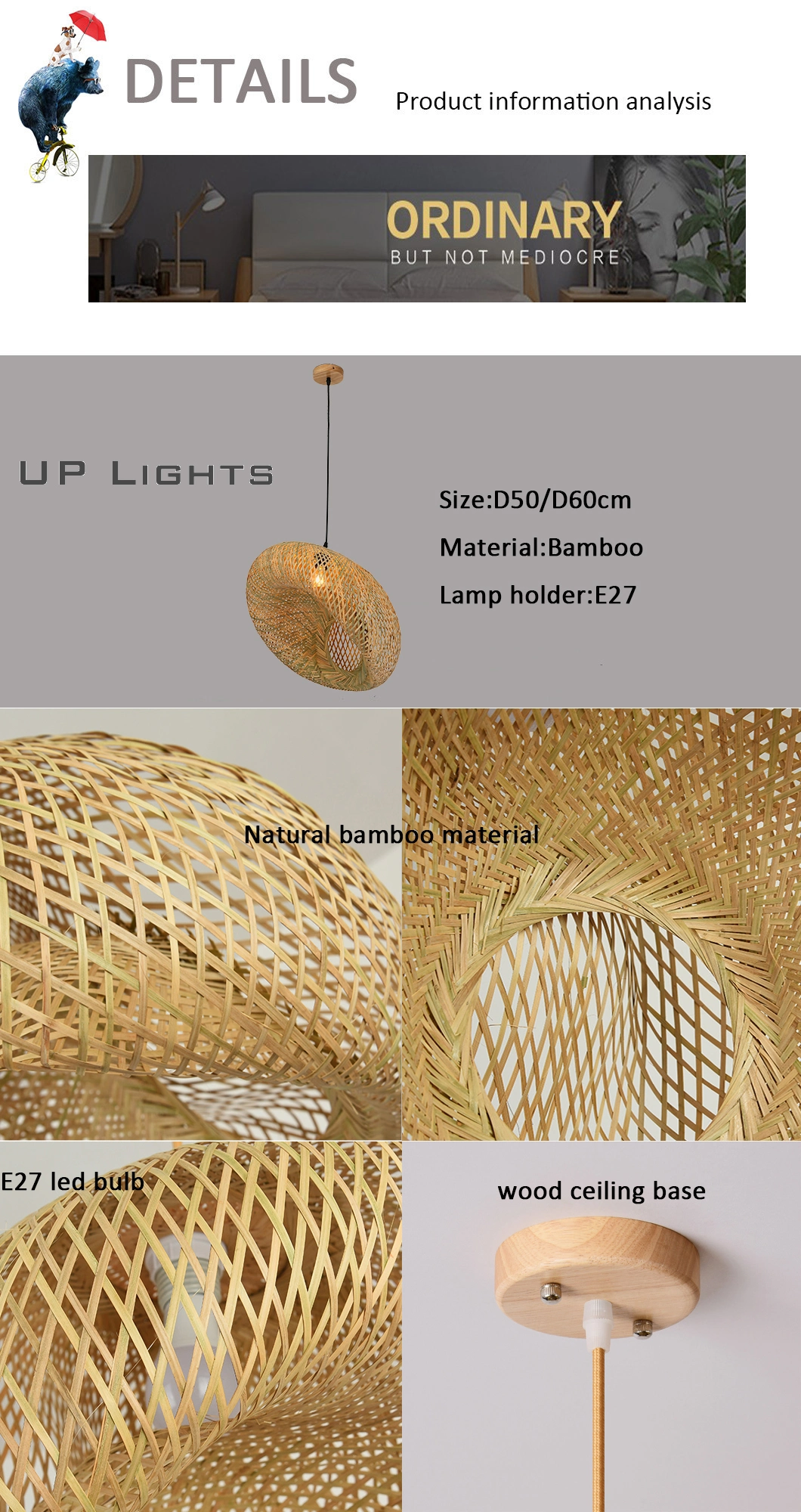 Chinese Indoor Bamboo Weaving Wicker Rattan Shade Pendant Light for Living Room Bedroom Dining Home Decor