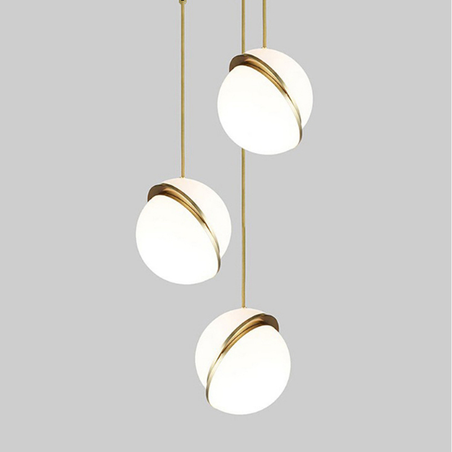 Modern Style Globe White Acrylic Shade LED Hanging Pendant Light with Brass Color Finished