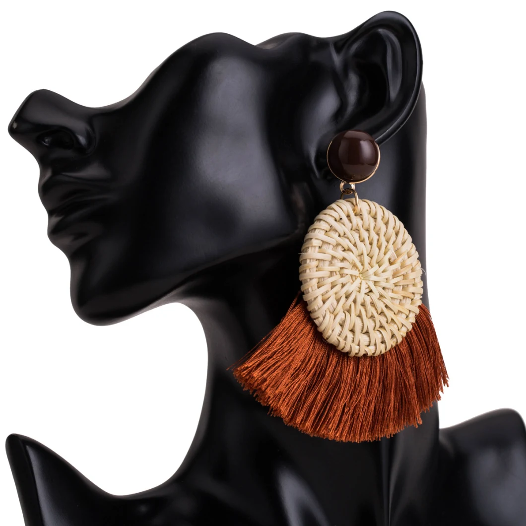 Bohemia Handmade Straw Woven Rattan Knit Tassel Earring Statement Jewelry