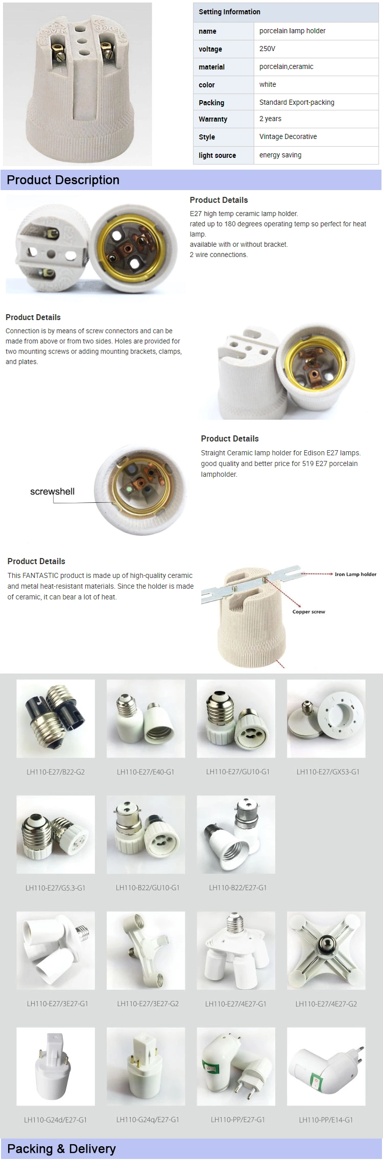 E26 & E27 Porcelain Lamp Holder / Ceramic Lampholder Lamp Base