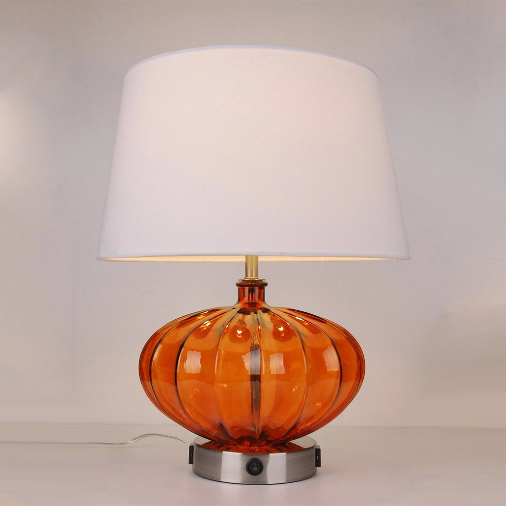 Orgnge Ribboned Glass Lamp Body and White Fabric Lamp Shade Table Lamp.
