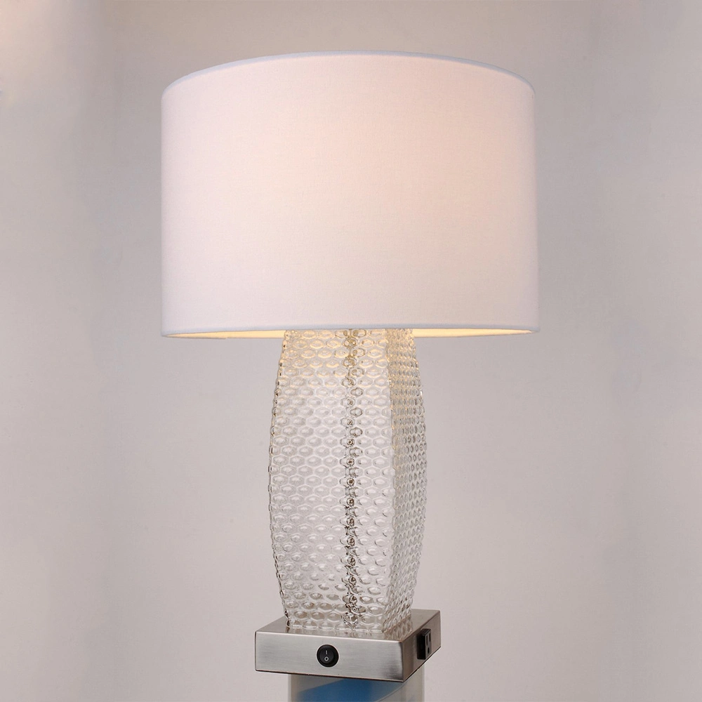 Dotted Glass Lamp Body and White Linen Fabric Lamp Shade Table Lamp.