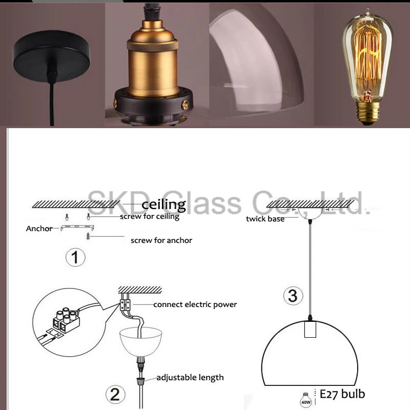 SKD Industrial Kitchen Pendant Light Antique Brass Hanging Fixture E27 Socket