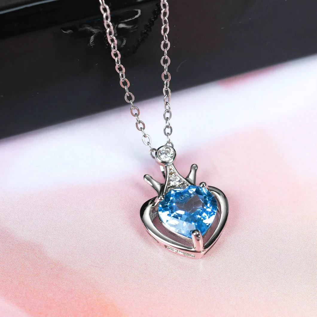 925 Sterling Silver Pendant Necklace Natural Blue Topaz Crown Pendant Heart Shape Charm