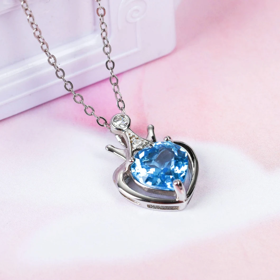 925 Sterling Silver Pendant Necklace Natural Blue Topaz Crown Pendant Heart Shape Charm