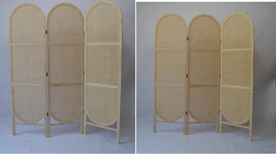 Woven Rattan Room Divider with 3 Panel Wooden Folding Screen