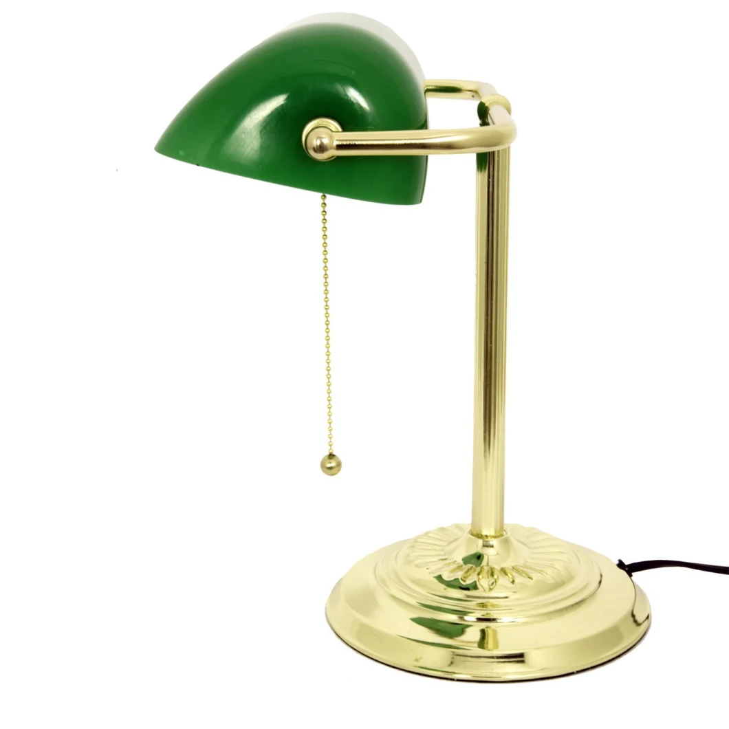 M-1096b Antique Accent Polished Brass Banker Desk Table Lamp with Green Glass Shade