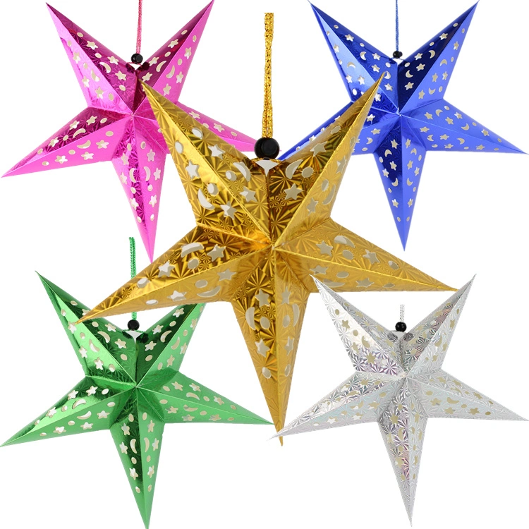 Paper Star Lantern Lampshade 3D Pentagram Lampshade Hanging Christmas Tree Pendant for Xmas Wedding Birthday Party Home Decor 30cm