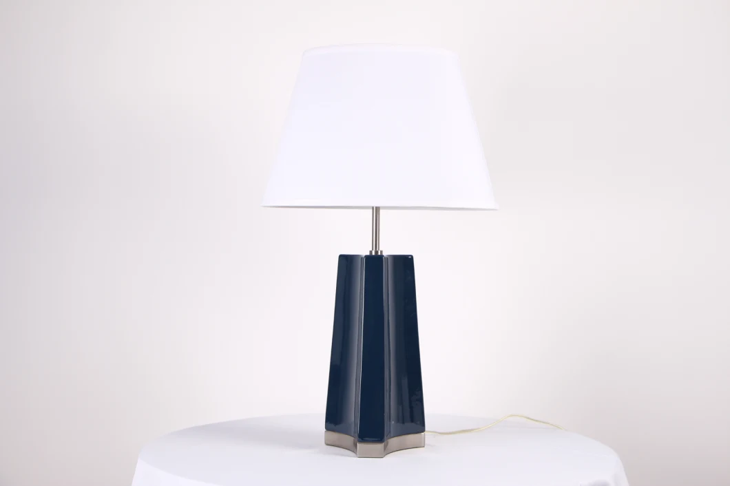 Blue Painted Ceramic Lamp Body and Stain Nickel Metal Lamp Base Table Lamp.